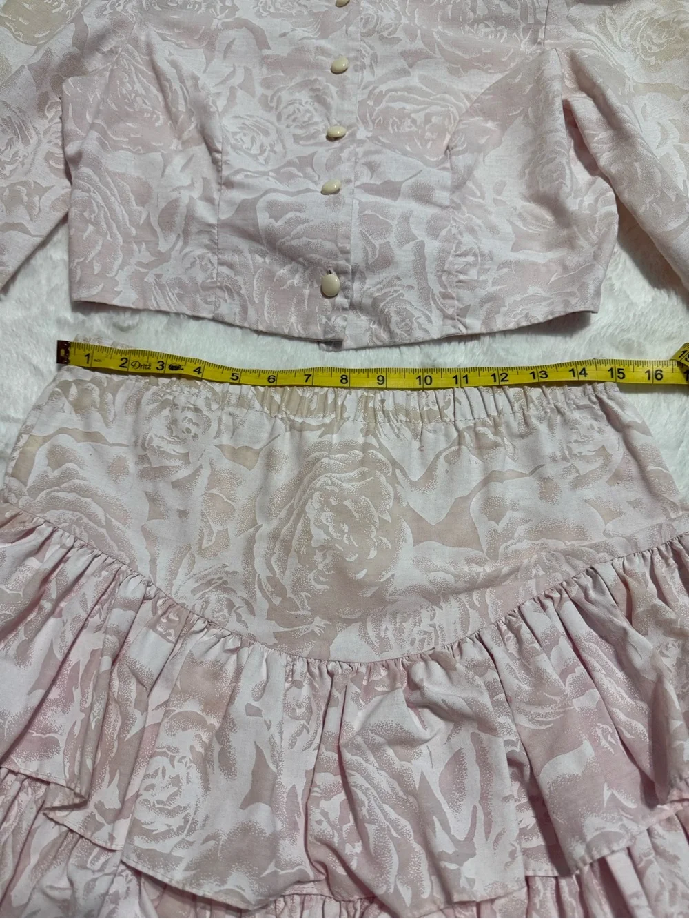 Vintage 80s Diamonds Run Pink Floral Jacquard Crop Top & Tiered Ruffle Skirt